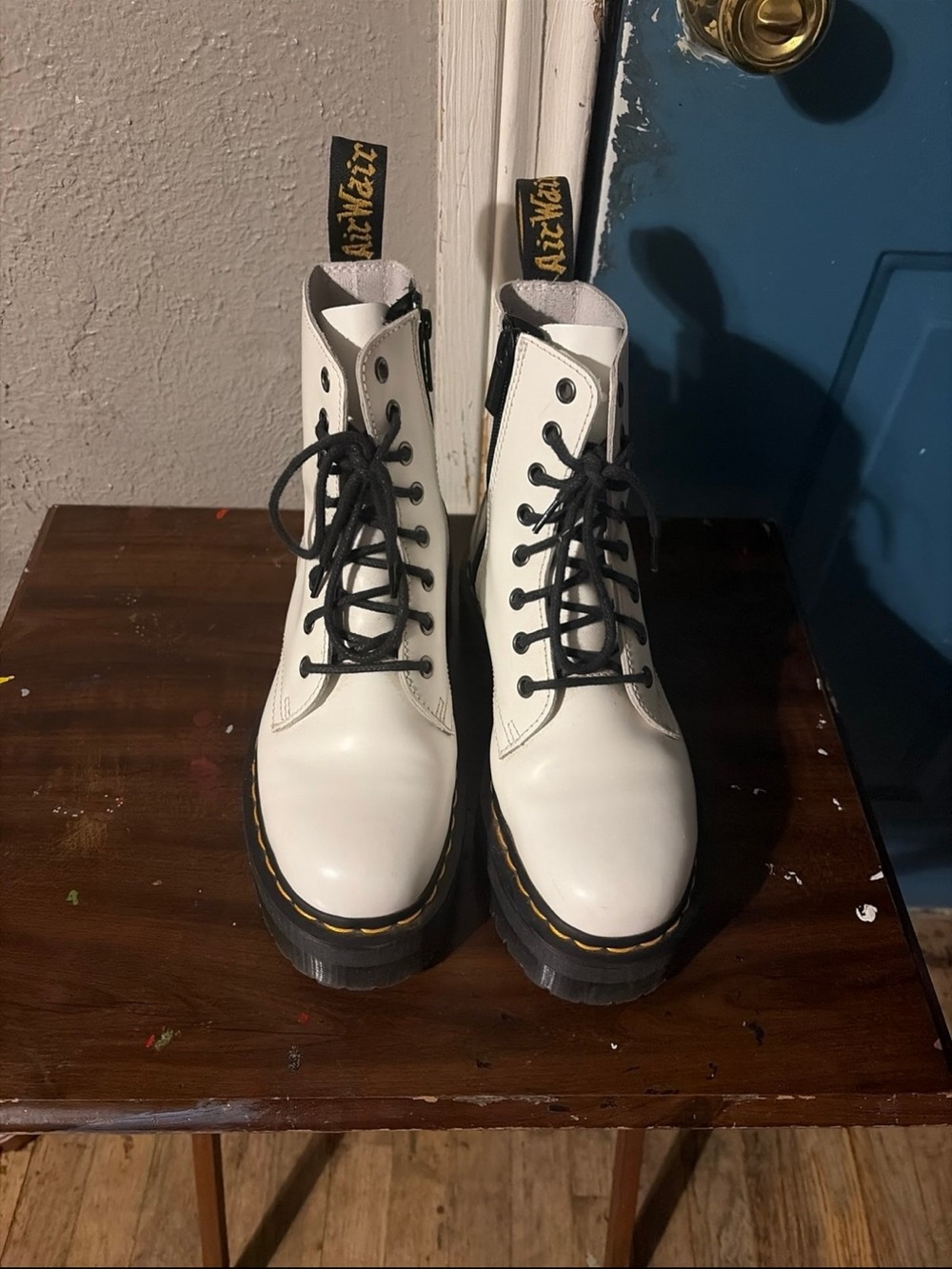 Dr. Martens White Leather Lace-Up Boots with Black Laces